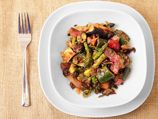 Grilled Asparagus, Zucchini, and Bread Salad with Olive-Caper Dressing
