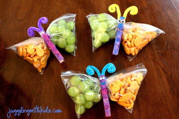 Use clothespins to turn snack bags into butterflies.