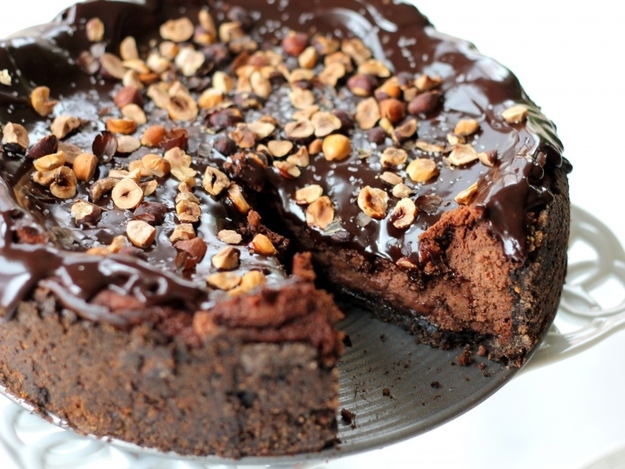 Dark Chocolate Cheesecake with Chocolate Hazelnut Ganache, Toasted Hazelnuts, & Sea Salt