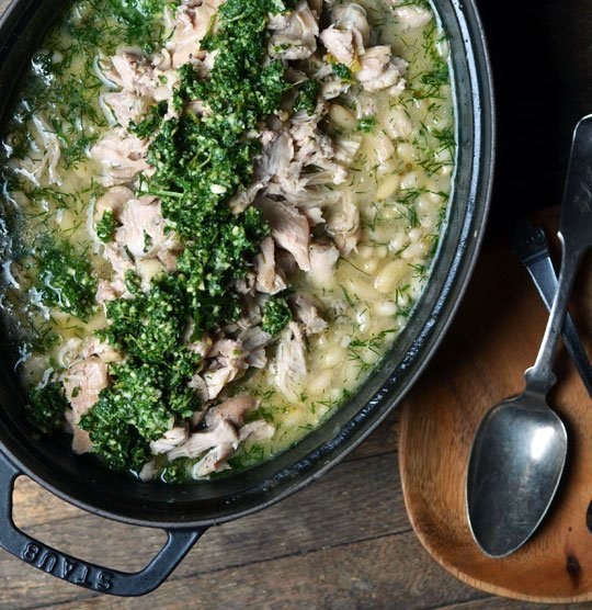 Lemon-Braised Chicken with White Beans and Mint Pesto