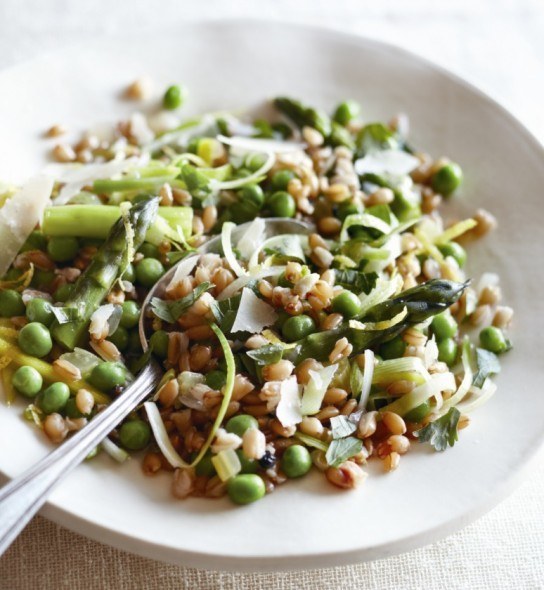 Farro with Leeks, Asparagus, Peas, and Parmesan.