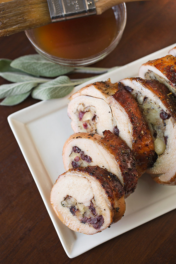 Roasted Turkey Breast Roulade Stuffed with Cranberry, Hazelnut, and Sage Stuffing