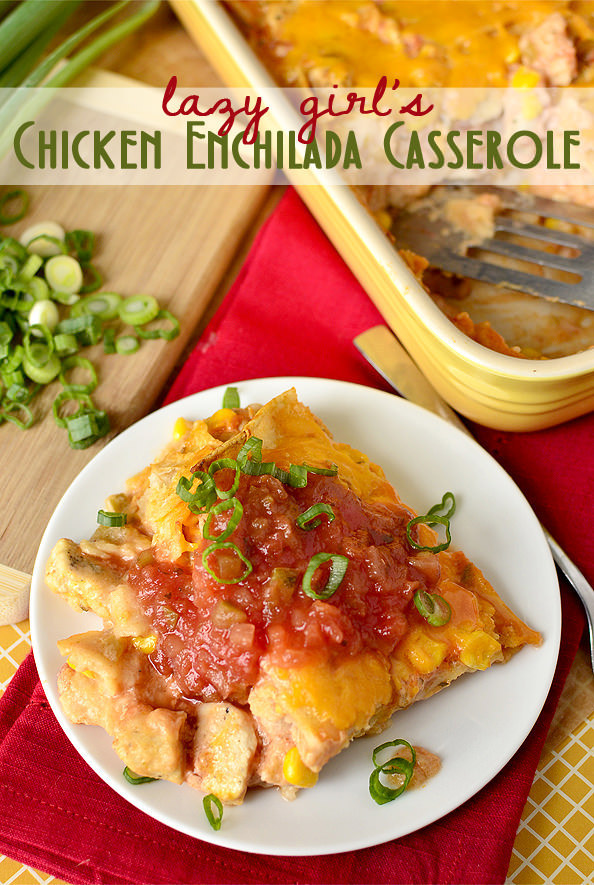 Layer saut&eacute;ed chicken with tortillas, sauce, and cheese to make this lazy enchilada casserole.