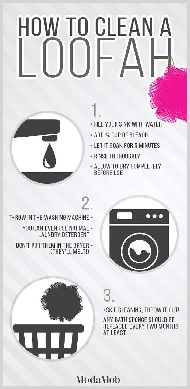 Get rid of scum on your loofah by tossing it in the washing machine — but not the dryer.