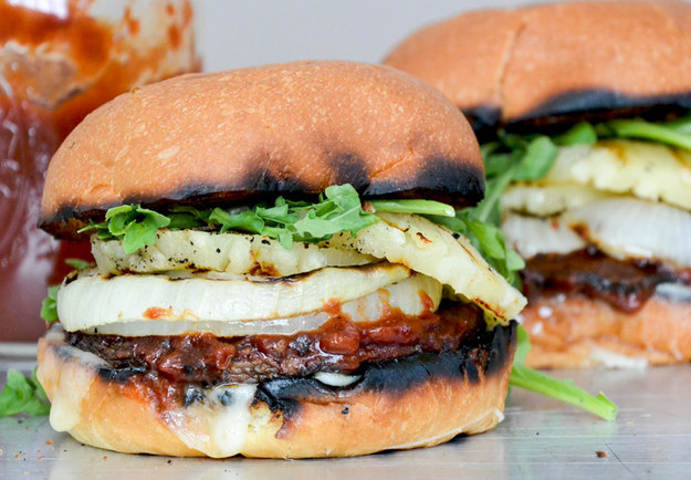 BBQ Portobello Mushroom Burgers with Grilled Onions and Pineapple