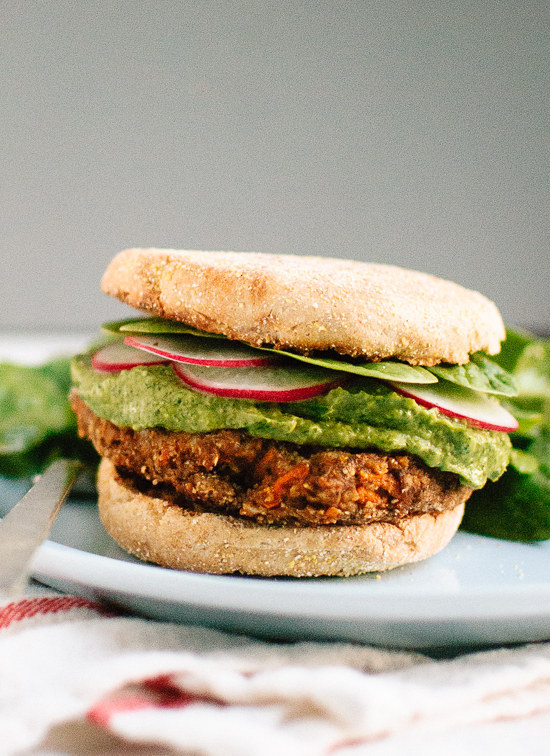 Lentil Chickpea Veggie Burgers with Avocado Green Harissa