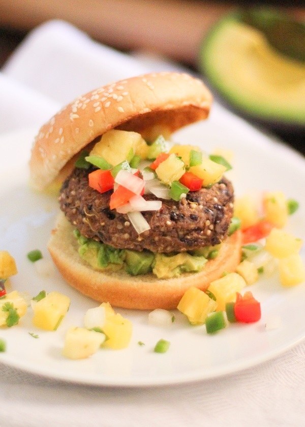 Sprouted Quinoa Black Bean Burgers with Pineapple Salsa