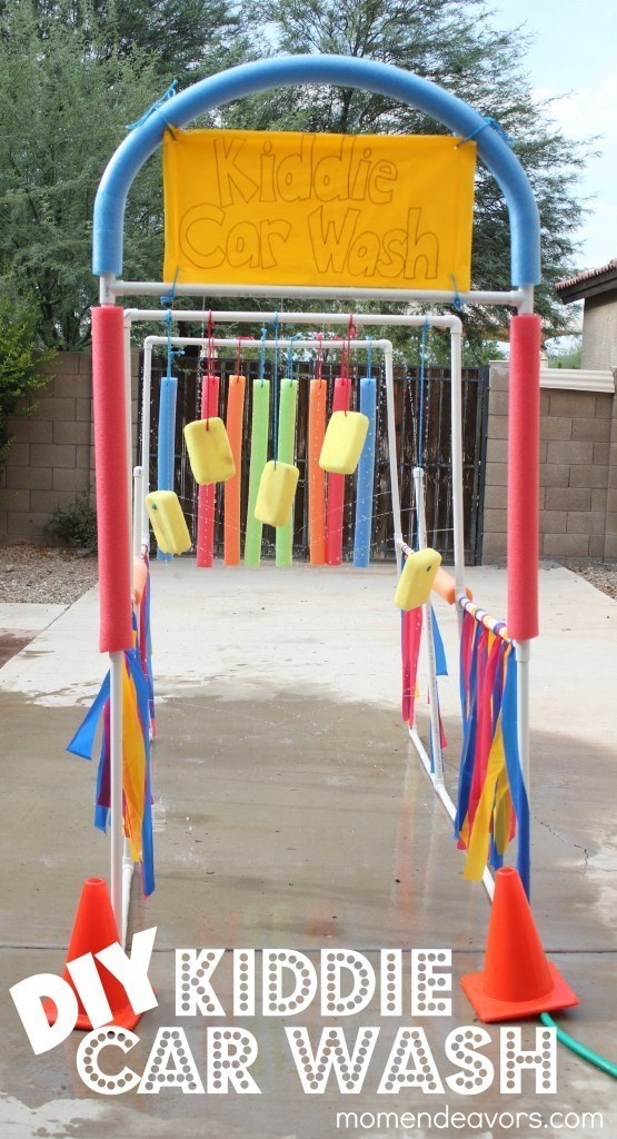 Use pool toys, sponges, and PVC pipe to make a kiddie car wash.