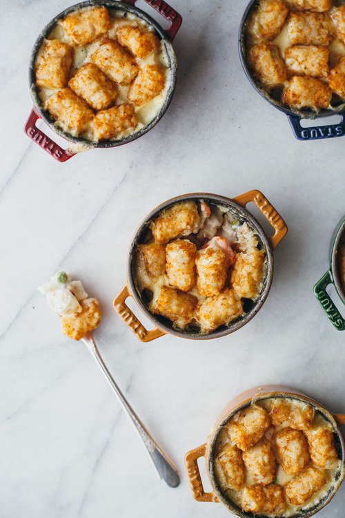 Next time you make chicken pot pies from scratch, top those babies with some frozen tots.