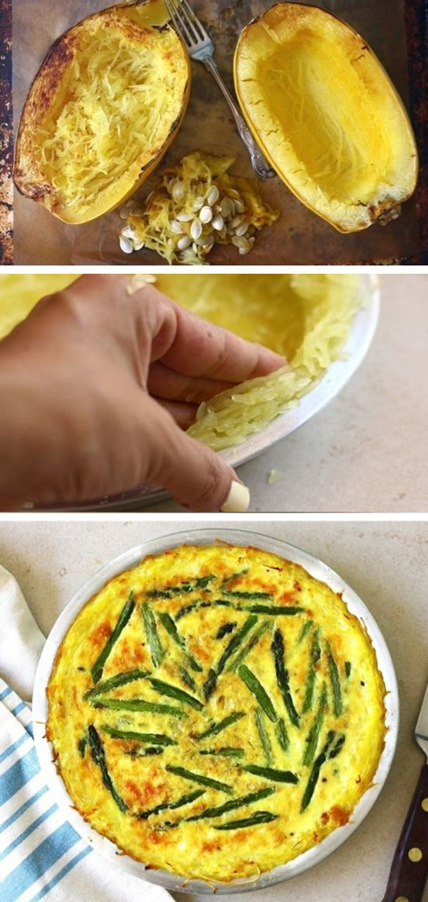 If you're on a low-carb diet and bored of frittatas, try making quiche with a spaghetti squash crust.