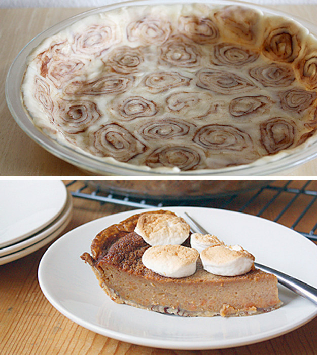 This sweet potato pie has a secret, and that secret is a crust made from cinnamon rolls.