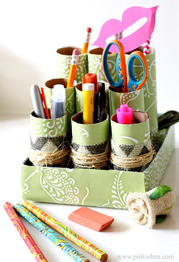 Use wrapping paper and burlap to create this super-cute desk organizer.