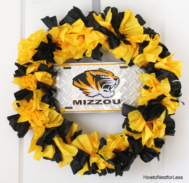 Show your school spirit by making this wreath out of a plastic tablecloth.