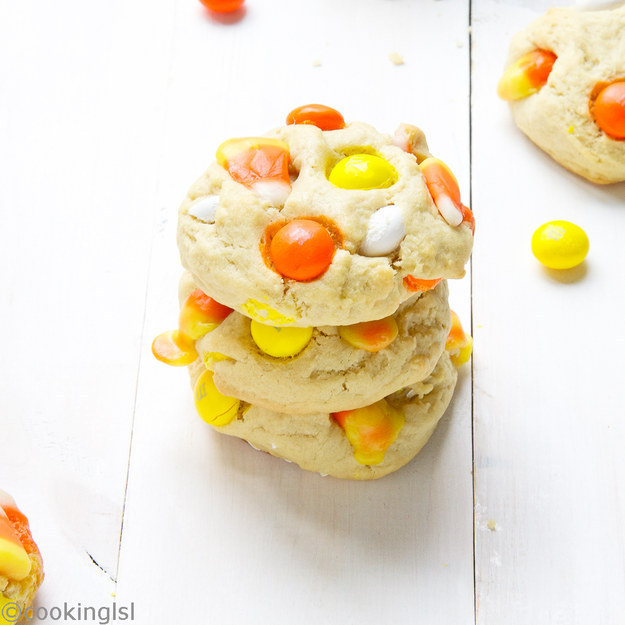Candy Corn White Chocolate M&amp;M Cream Cheese Cookies