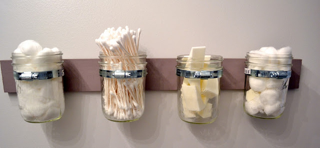 11. Hang up mason jars to store little things, like cotton balls and makeup sponges.